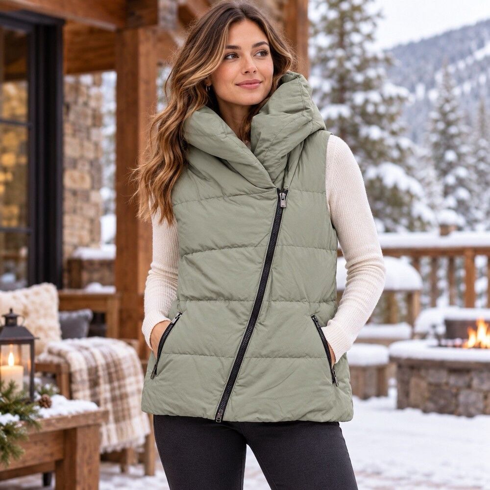 Lucy Hatha Insulated Puffer Vest Asymmetrical Zip Gorpcore Sage Green S Petite